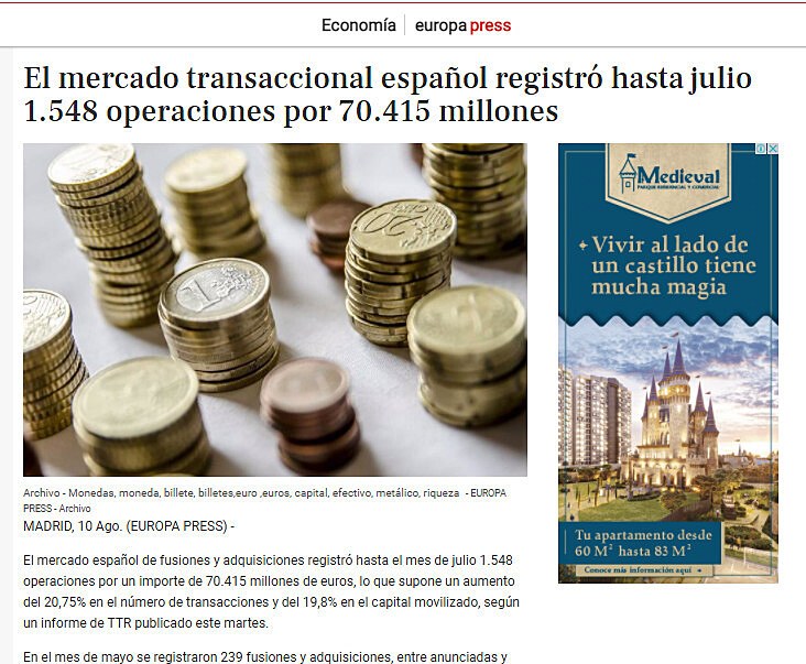 El mercado transaccional espaol registr hasta julio 1.548 operaciones por 70.415 millones